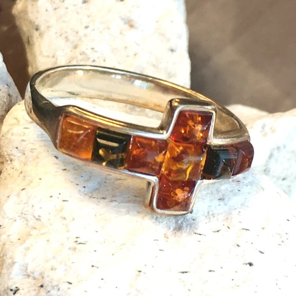 Baltic Amber Multicolor Cross Ring .925 Sterling Silver Genuine Gemstones - Picture 13 of 15